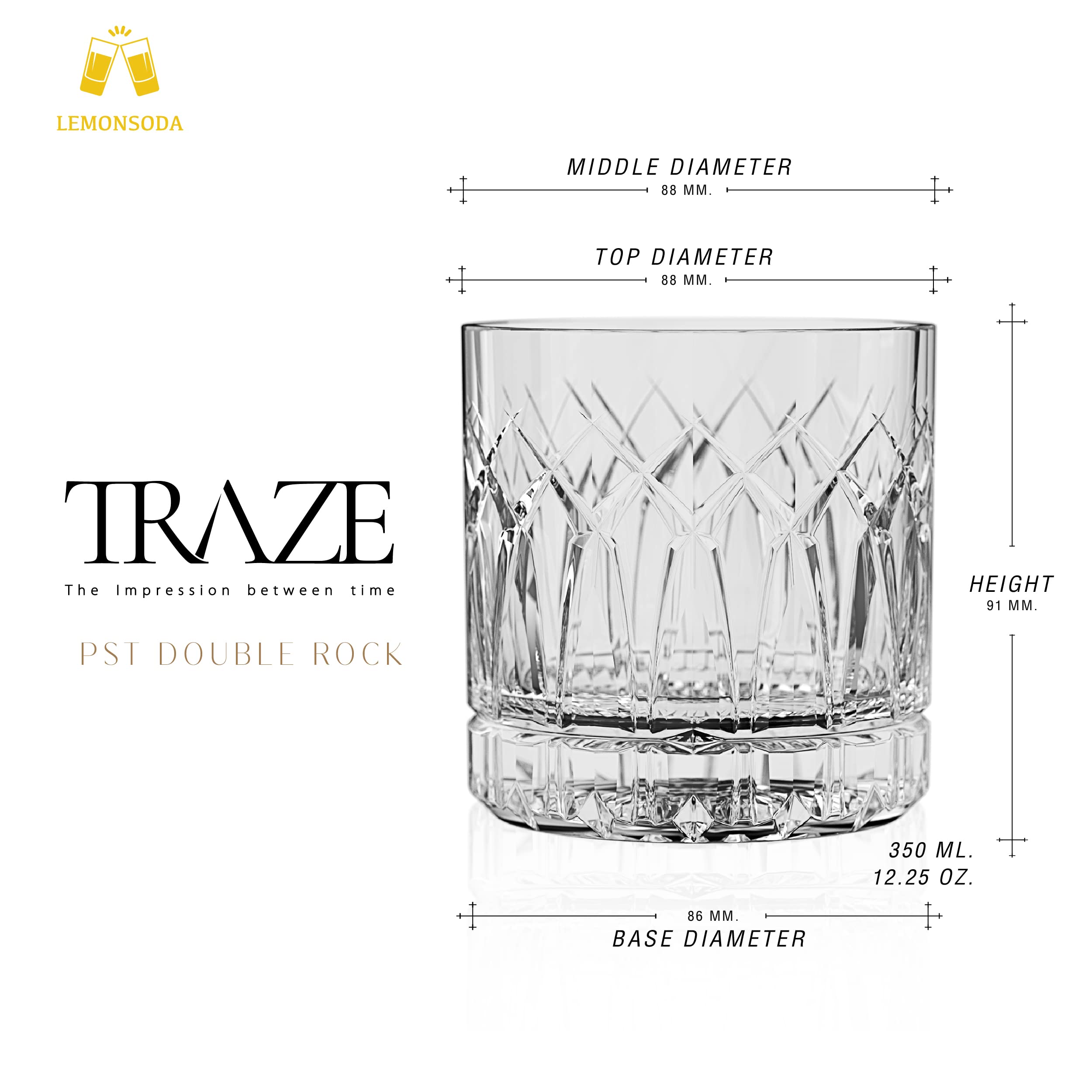 LEMONSODA Premium Double Rock Old Fashioned Whiskey Glasses - Set of 6 Cocktail Glasses for Scotch, Whiskey, Bourbon and Cognac - Vintage Arch Design - Gifts for Men (12 fl. oz.) (Arch)