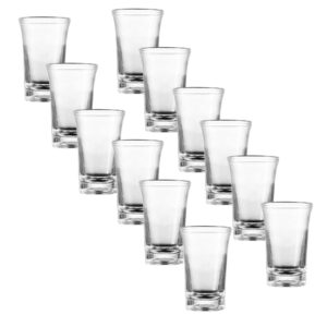 generic 12 pack heavy base acrylic plastic shot glasses, unbreakable shot glass perfect for shot dspenser, bars, parties, all liquor, cocktails & family game night, (capacity 1.2 oz clear 12 pack)