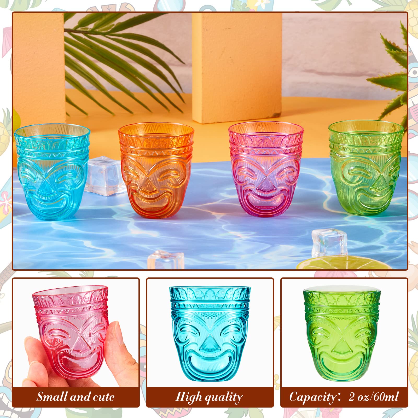 Irenare 24 Pcs Tiki Shot Glasses Hawaiian Style Tiki Cups Plastic Tiki Mug Tiki Bar Accessories Stackable Cocktail Party Shot Glasses Hold 2 oz Luau Party Supplies for Drinking(Trendy)