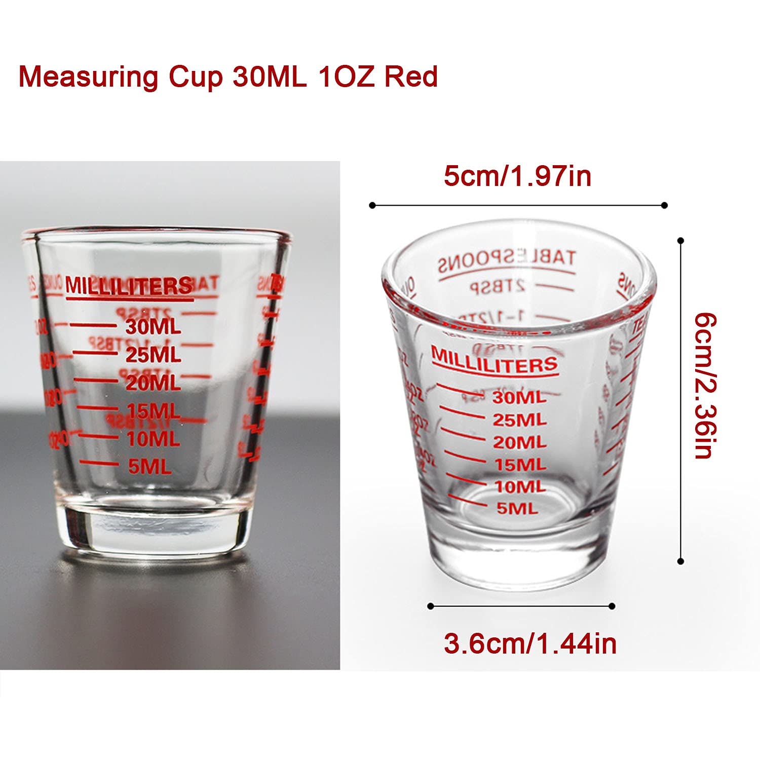 Shot Glasses Measuring cup Espresso Shot Glass Liquid Heavy Glass Wine Glass 2 Pack 26-Incremental Measurement 1oz, 6 Tsp, 2 Tbs, 30ml by TIYOORTA (2 pack red)