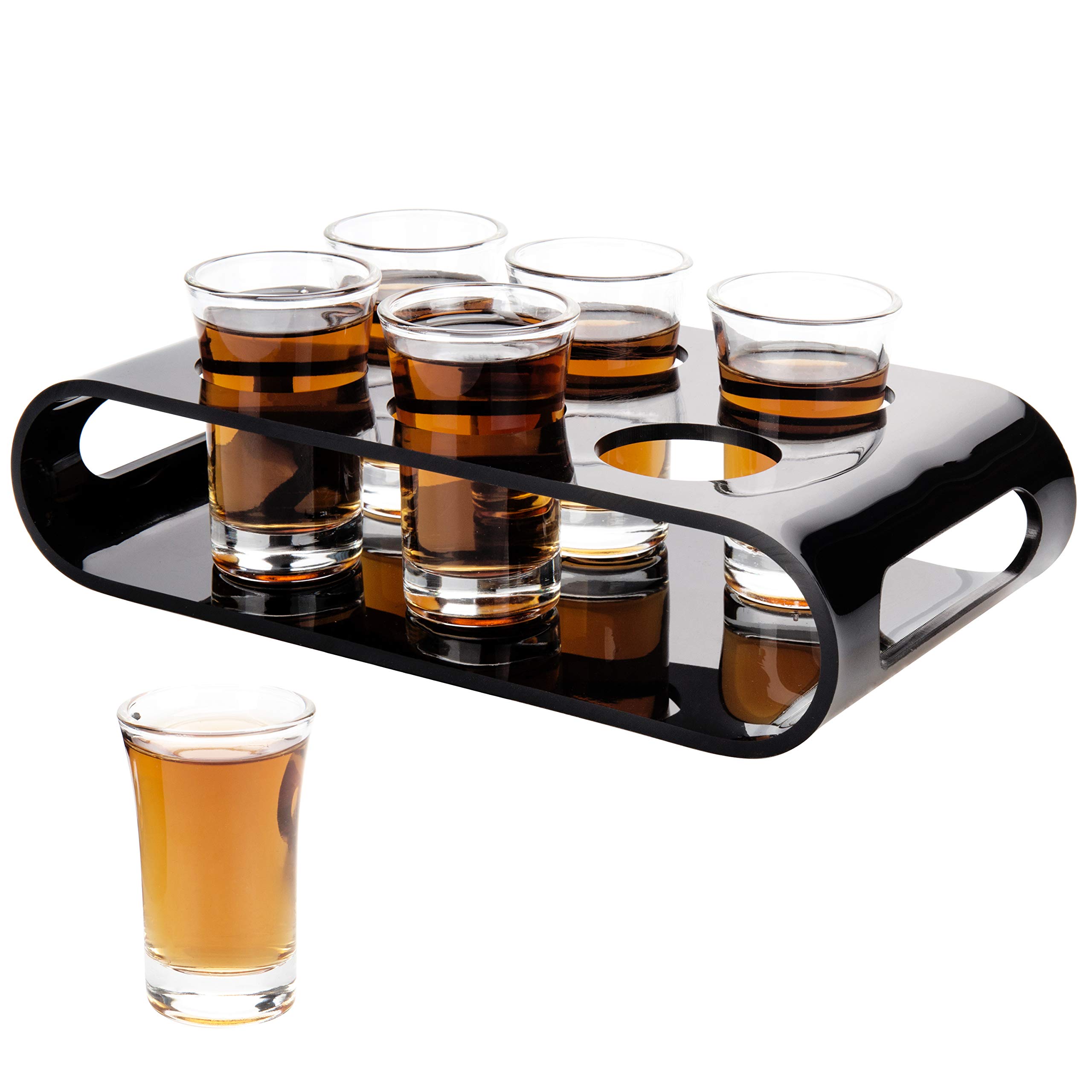 MyGift Black Premium Acrylic Shot Glass Tasting Flight Tray Gift Set with 6 Shot Glasses, Pub Bar Accessories Party Sampler Shooter Glasses with Serving Tray