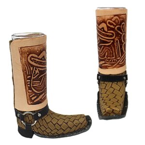 needzo mexican shot glasses, square toe genuine leather boot holder with glass, bar gifts for men, cowboy drinking, color may vary, 5.25 inches
