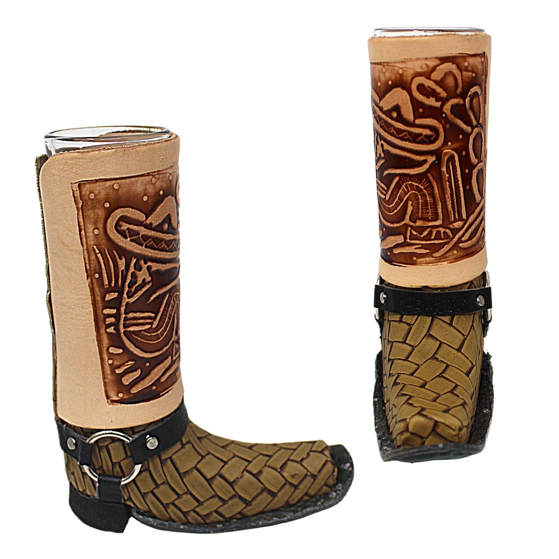 Needzo Mexican Shot Glasses, Square Toe Genuine Leather Boot Holder with Glass, Bar Gifts for Men, Cowboy Drinking, Color May Vary, 5.25 Inches