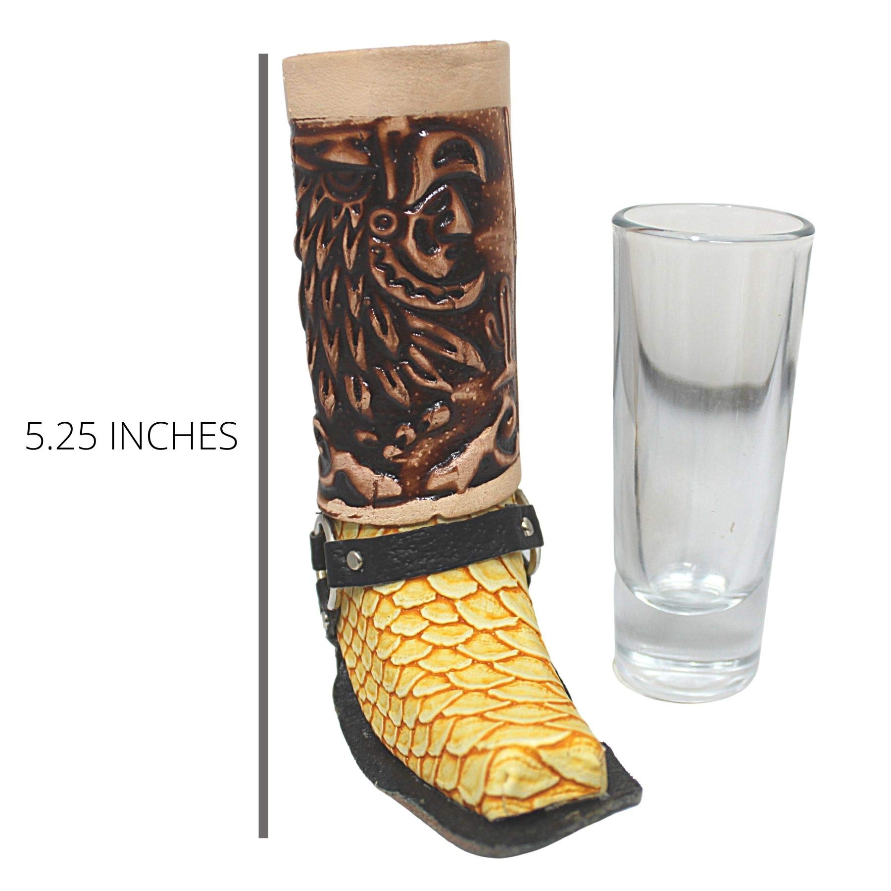 Needzo Mexican Shot Glasses, Square Toe Genuine Leather Boot Holder with Glass, Bar Gifts for Men, Cowboy Drinking, Color May Vary, 5.25 Inches