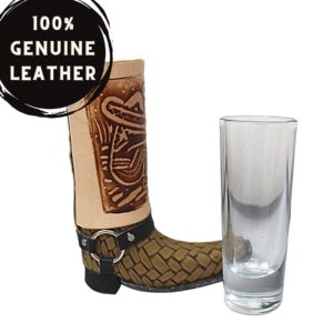 Needzo Mexican Shot Glasses, Square Toe Genuine Leather Boot Holder with Glass, Bar Gifts for Men, Cowboy Drinking, Color May Vary, 5.25 Inches