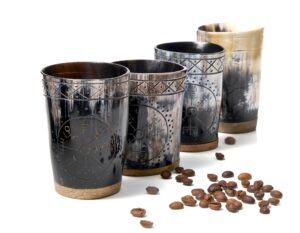 ox horn shot glass set of (4) toasting craftsmanship genuine ox hand crafted engravings ethically sourced viking horn drinking cup viking gift for men cave polished cups