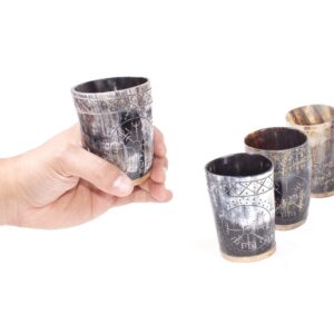 Ox Horn Shot Glass Set of (4) Toasting Craftsmanship Genuine Ox Hand Crafted Engravings Ethically Sourced Viking Horn Drinking Cup Viking Gift For Men Cave Polished Cups