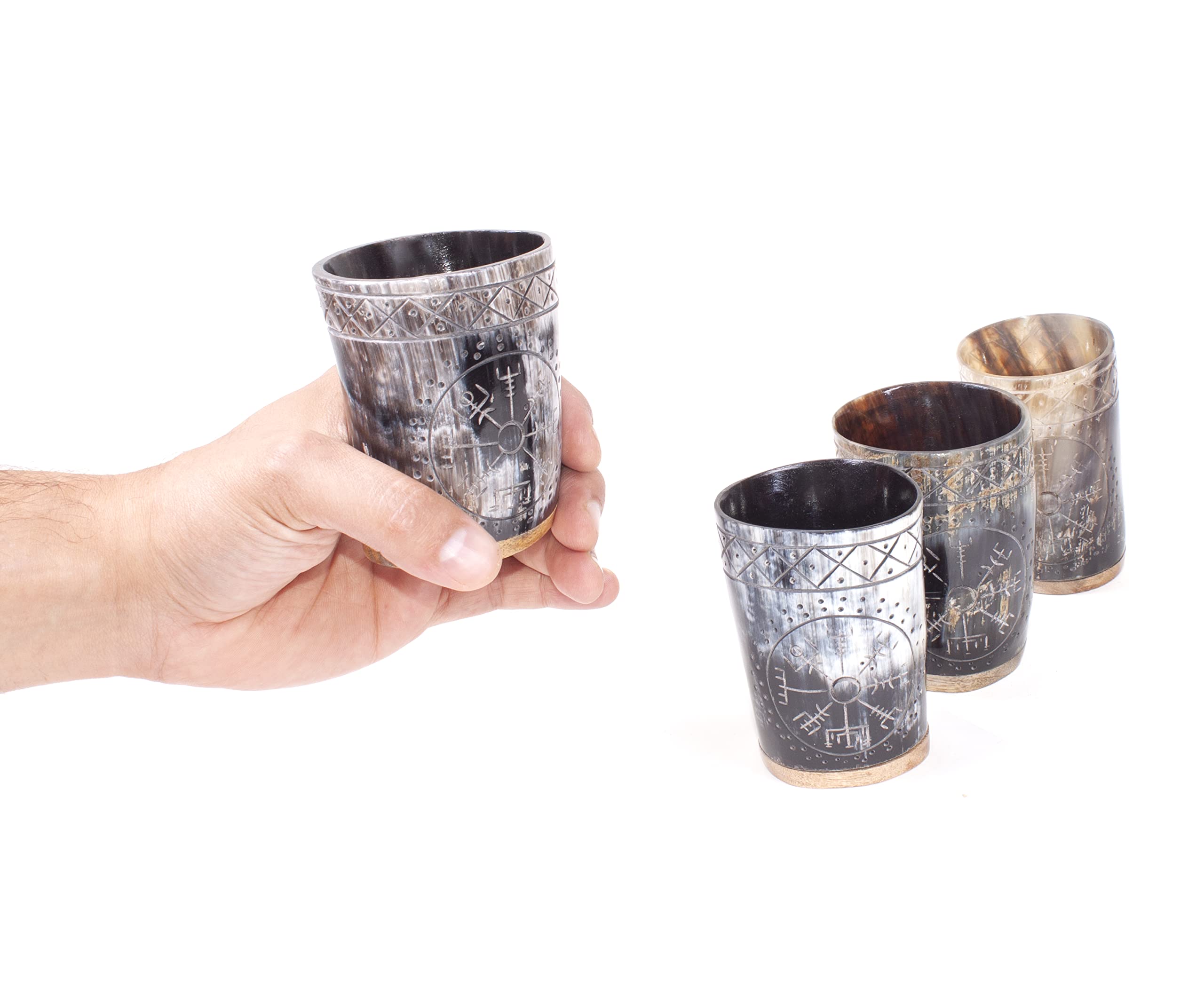 Ox Horn Shot Glass Set of (4) Toasting Craftsmanship Genuine Ox Hand Crafted Engravings Ethically Sourced Viking Horn Drinking Cup Viking Gift For Men Cave Polished Cups