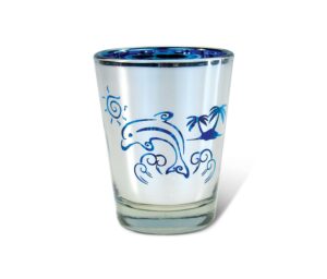 puzzled silver & blue dolphin shot glass 1.70 oz quality glassware for bar collection novelty liquor/spirits drinking glass - marine life beach animal nautical theme