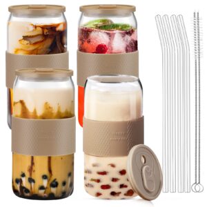 vozoka drinking glasses with silicone lid and glass straws, 4 set - 16oz can shaped glass cups, beer glasses, iced coffee cups, cute tumbler glass cup for whiskey cocktail coffee gift