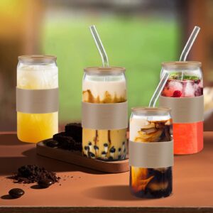 Vozoka Drinking Glasses with Silicone Lid and Glass Straws, 4 Set - 16oz Can Shaped Glass Cups, Beer Glasses, Iced Coffee Cups, Cute Tumbler Glass Cup for Whiskey Cocktail Coffee Gift