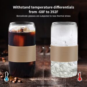 Vozoka Drinking Glasses with Silicone Lid and Glass Straws, 4 Set - 16oz Can Shaped Glass Cups, Beer Glasses, Iced Coffee Cups, Cute Tumbler Glass Cup for Whiskey Cocktail Coffee Gift