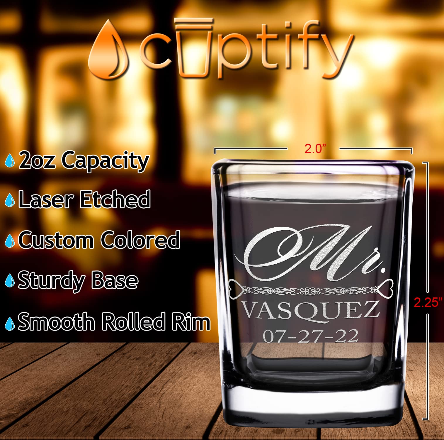 Personalized Mr and Mrs Shot Glasses 2oz Set Black Bottom Custom Engraved for Couples, Wife and Husband, Fiance and Fiancee, Bride and Groom at Wedding Party, Anniversary and Engagements