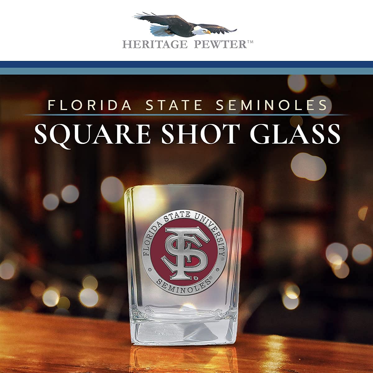 Heritage Pewter Florida State University Square Shot Glass | Hand-Sculpted 1.5 Ounce Shot Glass | Intricately Crafted Metal Pewter Alma Mater Inlay