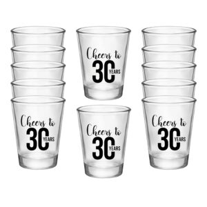 cheers to 30 years, 30th birthday party shot glasses set of 12, 1.75oz 30th birthday glass shot glasses with black dirty thirty print, perfect for birthday parties, birthday decorations