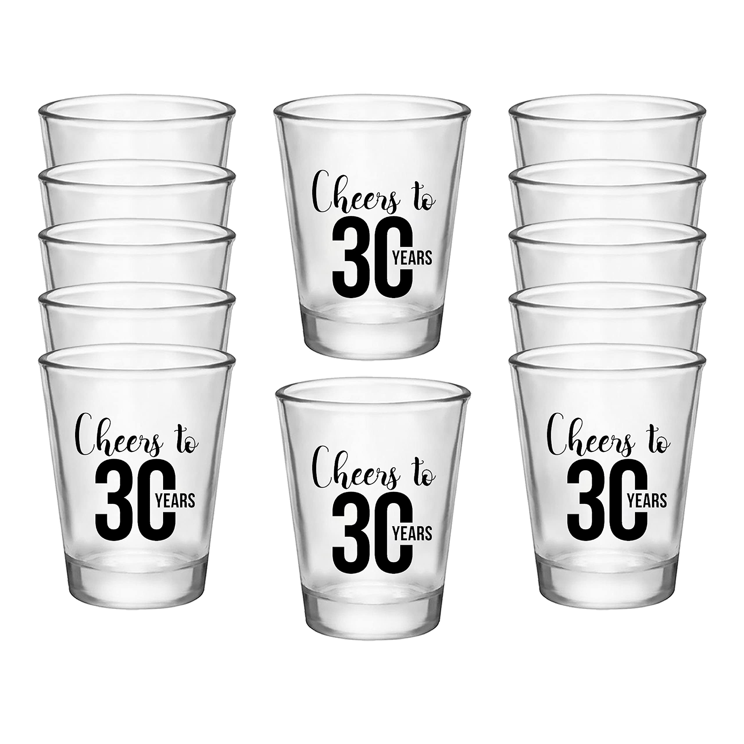 Cheers to 30 Years, 30th Birthday Party Shot Glasses Set of 12, 1.75oz 30th Birthday Glass Shot Glasses with Black Dirty Thirty Print, Perfect for Birthday Parties, Birthday Decorations