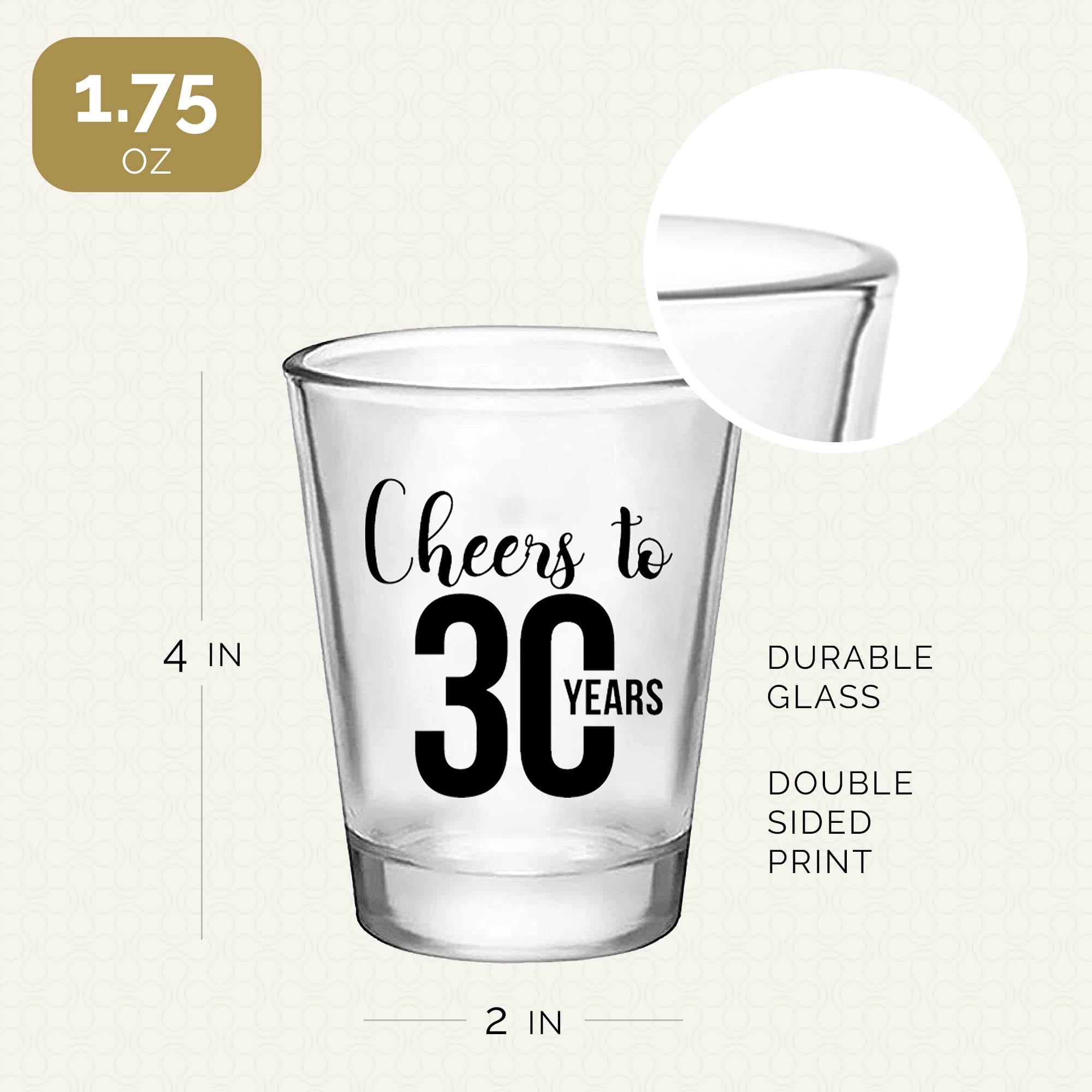 Cheers to 30 Years, 30th Birthday Party Shot Glasses Set of 12, 1.75oz 30th Birthday Glass Shot Glasses with Black Dirty Thirty Print, Perfect for Birthday Parties, Birthday Decorations