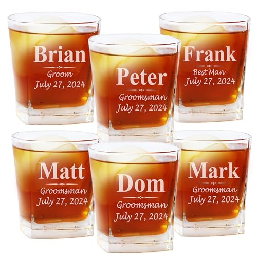 Set of 1, 4, 5 and More Custom Personalized Whiskey Rocks Glasses for Bachelor Party - Engraved Square Rocks Glass Gifts for Groom, Groomsman - 3-Lines Style (6)