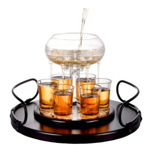 shot glass dispenser gift set - rich wood mahogany serving tray - 6 shot acrylic glass dispenser and holder - whiskey, liquids, drinks, beverages, cocktail for drinking games, parties and bars, bezrat