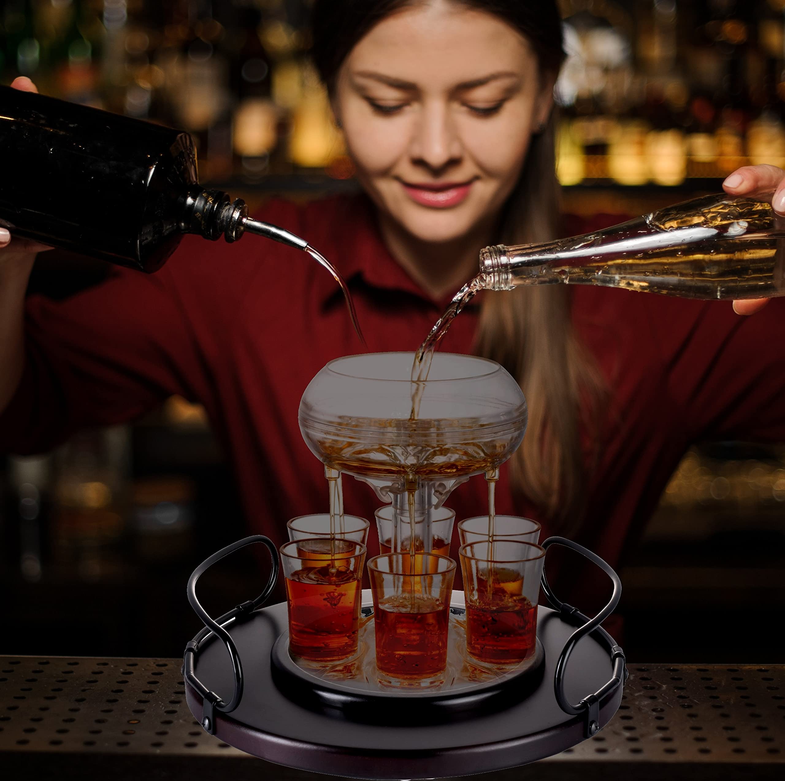 Shot Glass Dispenser Gift Set - Rich Wood Mahogany Serving Tray - 6 Shot Acrylic Glass Dispenser and Holder - Whiskey, Liquids, Drinks, Beverages, Cocktail for Drinking Games, Parties and Bars, Bezrat