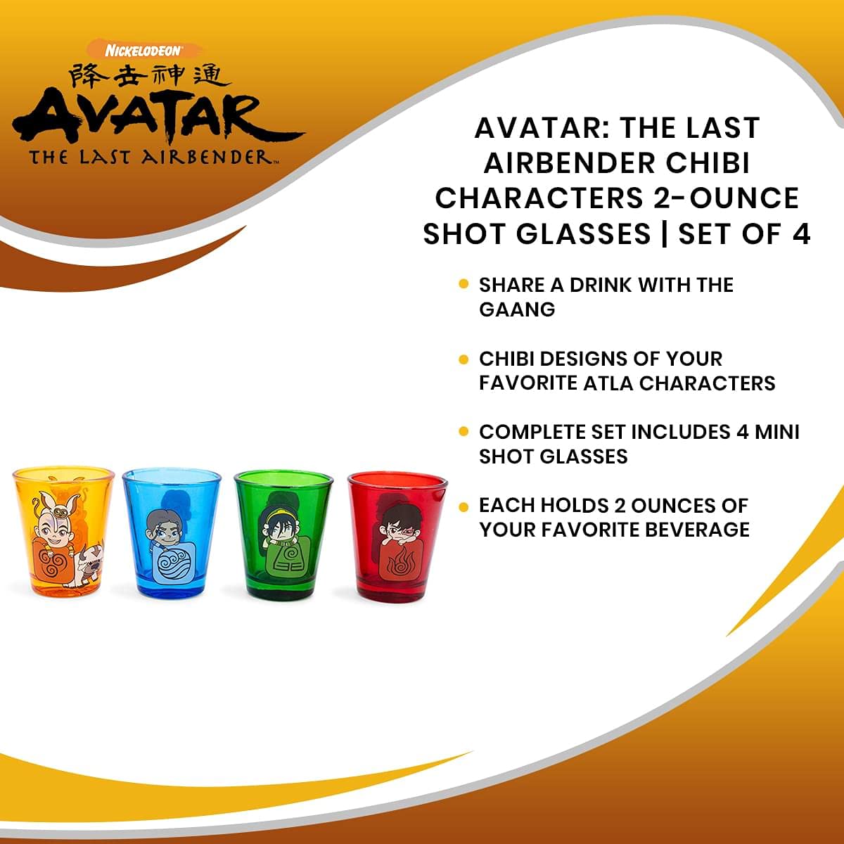 Surreal Entertainment Avatar: The Last Airbender Chibi Characters 2-Ounce Shot Glasses | Set of 4