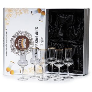 the wine savant crystal set of 6 grappa glasses 3oz post dinner drinks, italian tulip shape, tasting glasses, perfect for nosing and sipping, glasses for absinthe, aperol, sherry, aperitif, scotch