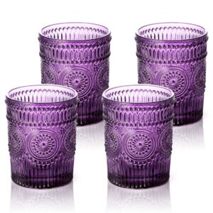 glass smile 4 pack romantic water glasses-10.5 oz purple vintage drinking glasses tumblers for whisky, beer, juice, beverages, cocktail