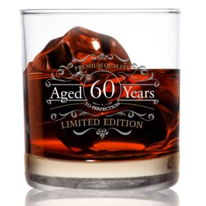 vintage edition birthday whiskey scotch glass (60th anniversary) 11 oz- vintage happy birthday old fashioned whiskey glasses for 60 year old- classic lowball rocks glass- birthday, reunion gift