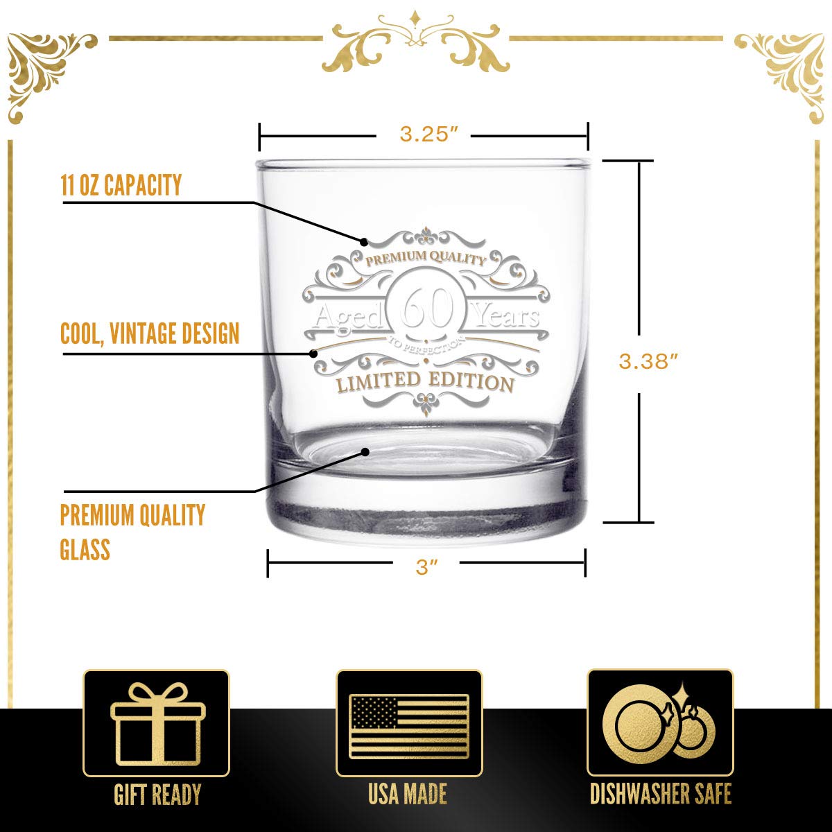 Vintage Edition Birthday Whiskey Scotch Glass (60th Anniversary) 11 oz- Vintage Happy Birthday Old Fashioned Whiskey Glasses for 60 Year Old- Classic Lowball Rocks Glass- Birthday, Reunion Gift