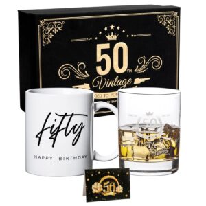 puged 50th birthday gift set for men or women with gift package fifty happy birthday 11 oz coffee mug and vintage 12 oz whiskey glass idea for funny 50 year old present birthday decorations