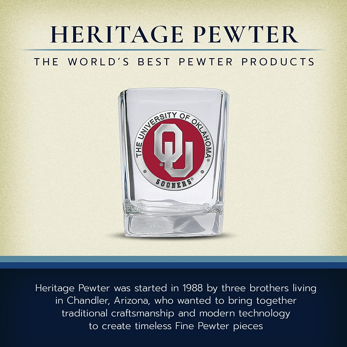 Heritage Pewter University of Oklahoma Square Shot Glass | Hand-Sculpted 1.5 Ounce Shot Glass | Intricately Crafted Metal Pewter Alma Mater Inlay