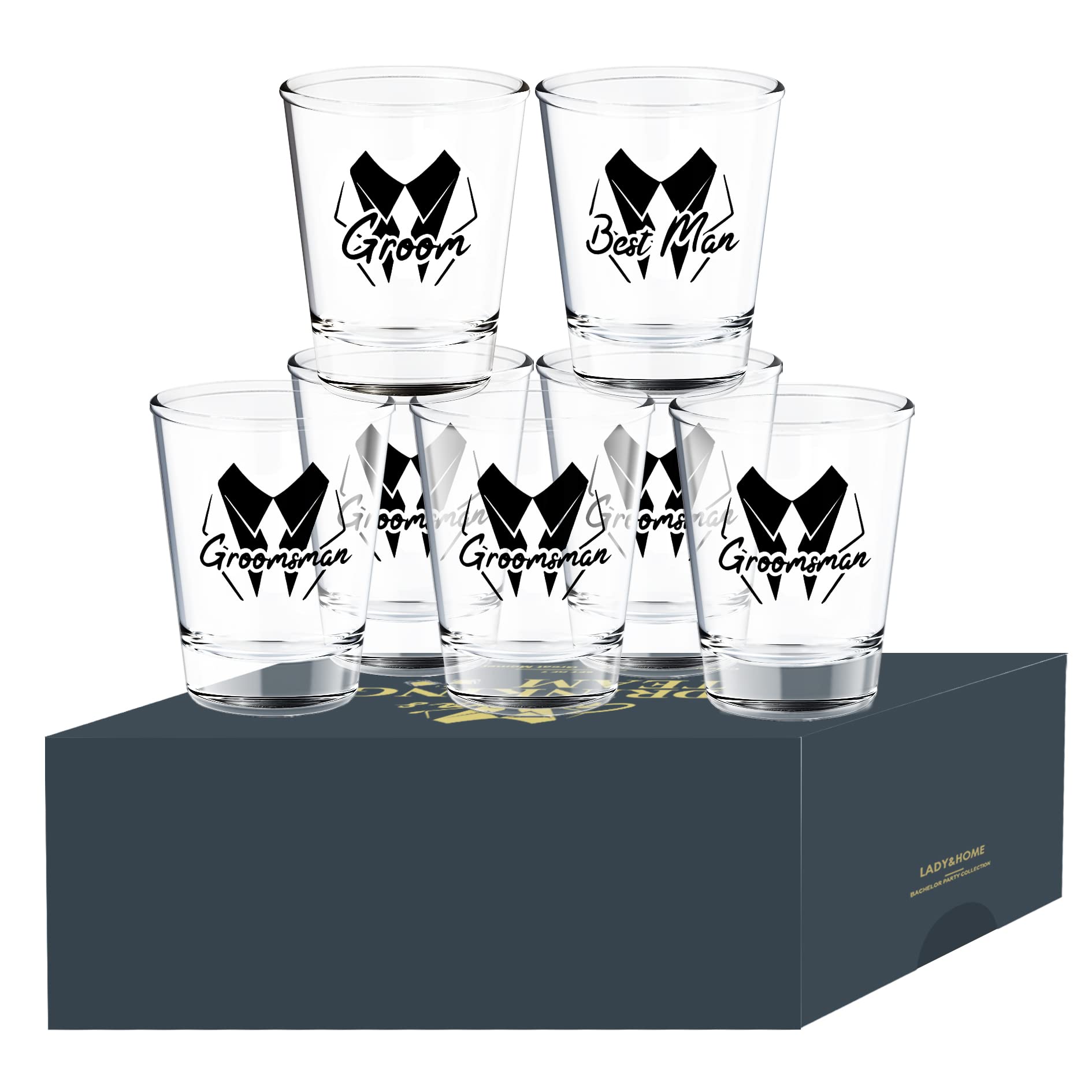 LADY & HOME Set of 7 Groomsmen Shot Glasses,Groom and Groomsman Shot Glasses for Bachelor Party Decorations and Favors,Groomsmen Gifts,Wedding Shot Glasses-1.75oz (Squiggle)