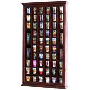 displaygifts solid wood shot glass shooter display case holder cabinet wall rack hinged glass door 56 slot cherry finish