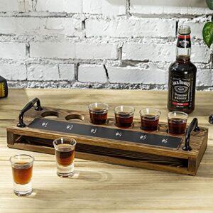 mygift tequila shot glasses liquor flight tasting set includes burnt wood serving tray with chalkboard panel and metal handles and 6 clear shot glasses