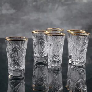 world gifts elegant and modern russian cut crystal shot glasses for hosting parties and events - 1.3oz, shot glasses gold rim, set of 6