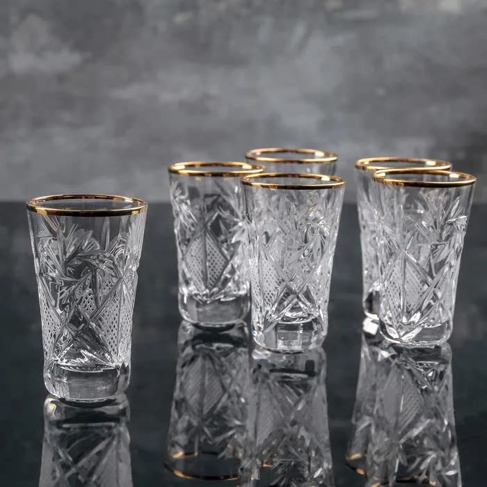 WORLD GIFTS Elegant and Modern Russian Cut Crystal Shot Glasses for Hosting Parties and Events - 1.3oz, Shot Glasses Gold Rim, Set of 6