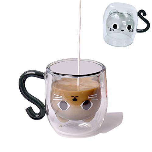 Growom Cute Cat Mug Best Gift Tea Glass Cup Double-layer Glass High Temperature Resistant High Borosilicate glass Cup Latte Cappuccino Christmas Glass