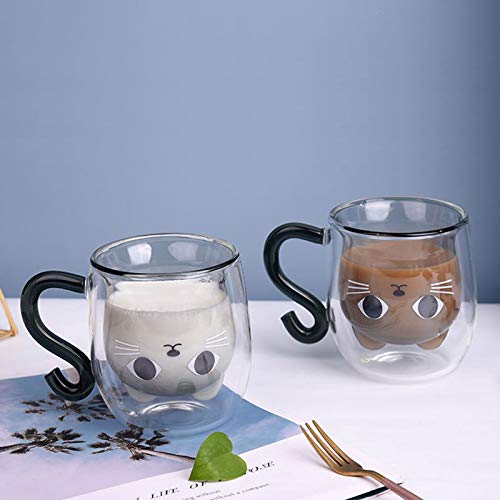 Growom Cute Cat Mug Best Gift Tea Glass Cup Double-layer Glass High Temperature Resistant High Borosilicate glass Cup Latte Cappuccino Christmas Glass