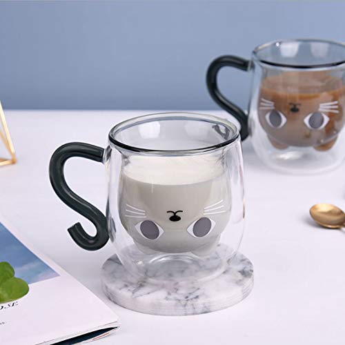 Growom Cute Cat Mug Best Gift Tea Glass Cup Double-layer Glass High Temperature Resistant High Borosilicate glass Cup Latte Cappuccino Christmas Glass