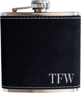 personalized flask for wedding gift. customized flask gift set. engraved leatherette flask with optional gift box for groomsmen gifts. engraved flask (black & silver)