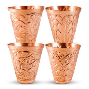 kamojo pure copper shot glasses (set of 4) - moscow mule drinking shot glass for home, kitchen, bar - barware drinking glass for tequila vodka cocktail shooters - custom embossed metal drinkware gift
