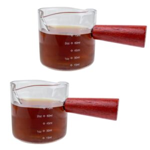 deesung 2 pack - espresso shot glasses, double spouts, high borosilicate glass material with wood handle, 2 oz (75 ml) capacity, multiple functions, coffee cup, honey jar, salad jar