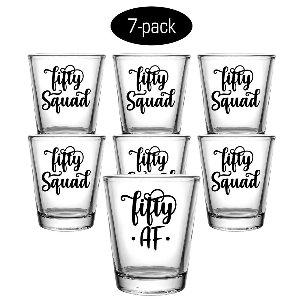 Veracco Fifty AF Fifty Squad Cheers To 50 Years Shot Glasses Birthday Gift For Someone Who Loves Drinking Bachelor 50th Funny Party Favors Fifty and Fabulous (Clear, Glass)