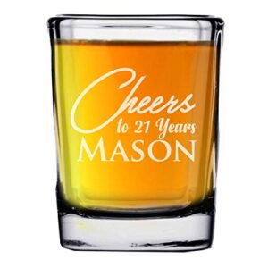 Customized 21st Birthday Party Shot Glass, Wine Glass, Beer Glass and Champagne Flute - Personalized and Engraved (2 oz Square Shot Glass)