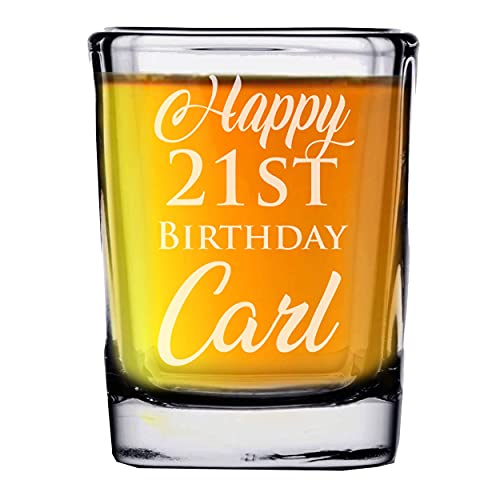 Customized 21st Birthday Party Shot Glass, Wine Glass, Beer Glass and Champagne Flute - Personalized and Engraved (2 oz Square Shot Glass)