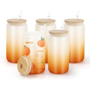agh 16oz frosted sublimation glass cups with bamboo lids and straws, 5 pcs beer can glass straight sublimation glass tumbler, bpa-free glass coffee cups, can shaped glass cups - gradient orange