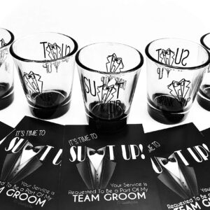 5 Groomsmen Shot Glasses (1.75 oz) & 5 Team Groom Proposal Cards as a Bachelor Party Gift Idea With Suit Up & Drink Up Text & Graphics.