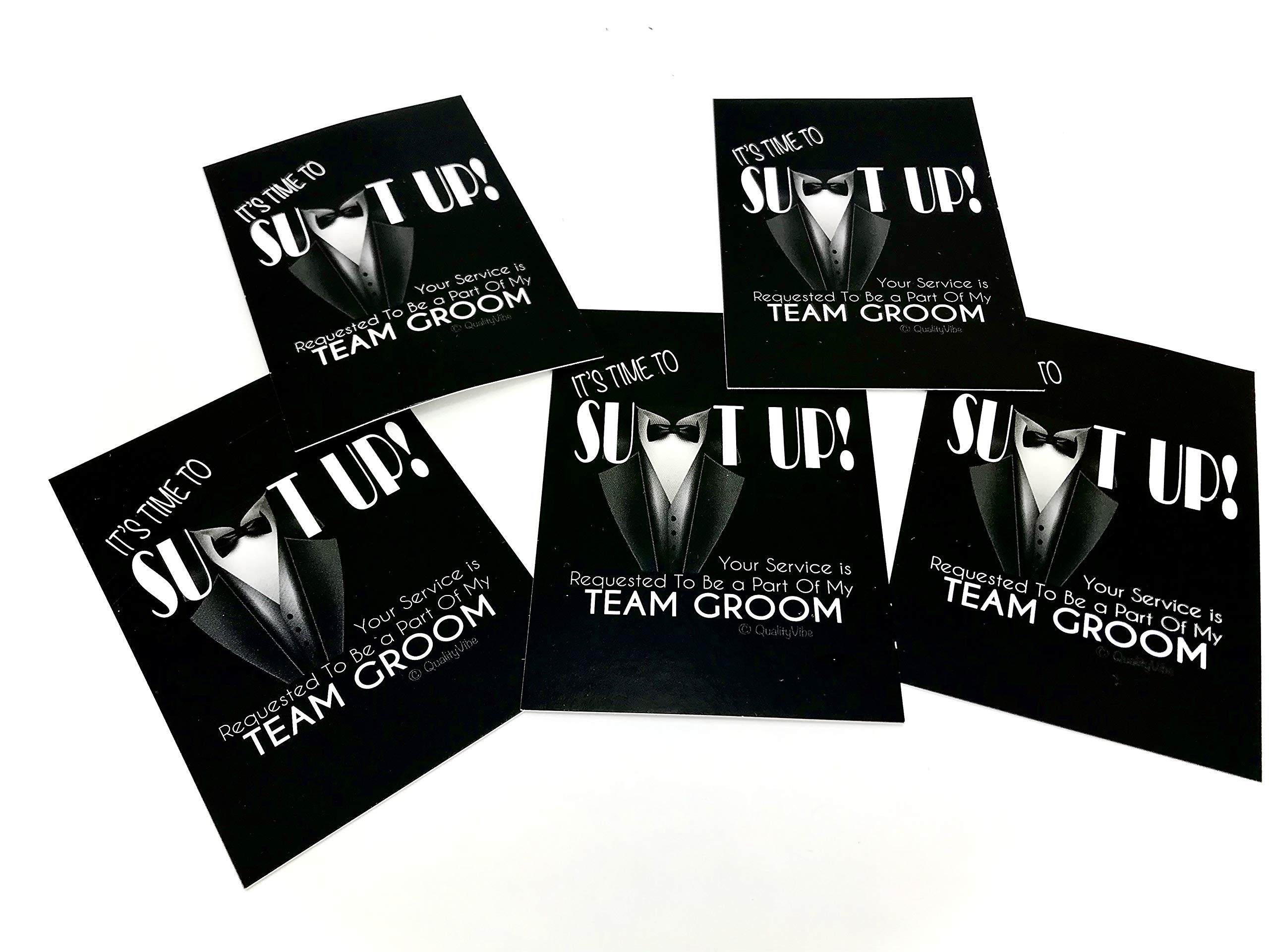 5 Groomsmen Shot Glasses (1.75 oz) & 5 Team Groom Proposal Cards as a Bachelor Party Gift Idea With Suit Up & Drink Up Text & Graphics.