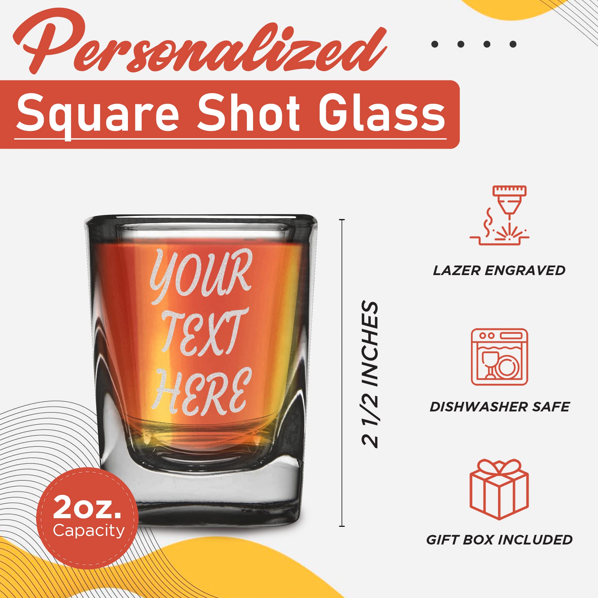 Personalized Your Text Laser Engraved Square Heavy Base Prism Shot Glass 2 oz. with Optional Gift Box, Custom Name Gifts for Him, Her