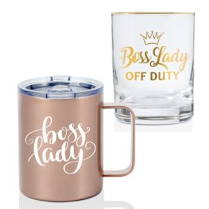 onebttl boss lady gift set, best boss gifts for women, boss gifts for boss lady, 12oz stainless steel insulated mug with 11oz whiskey glass, perfect boss gifts idea for birthday, christmas